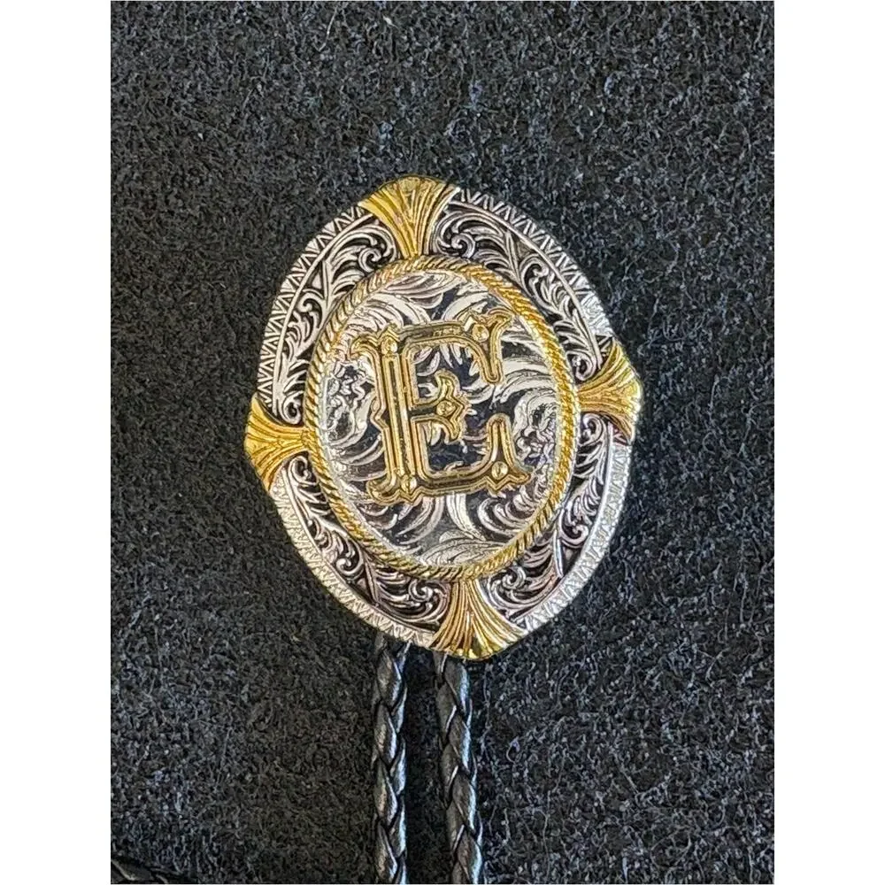 Western Cowboy Bolo Neck Tie Initial E Gold Silver Engraved Adjustable New